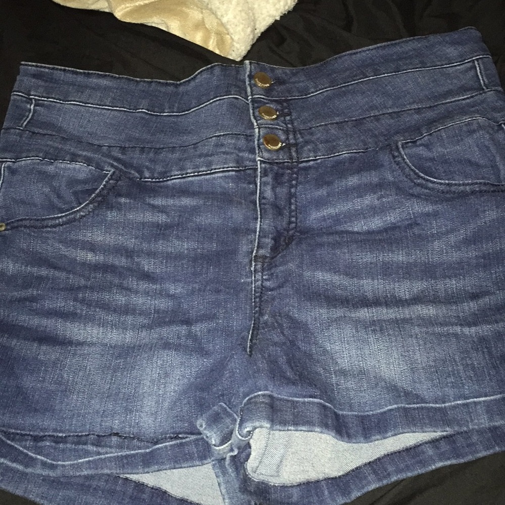 Dark blue high rise jean shorts